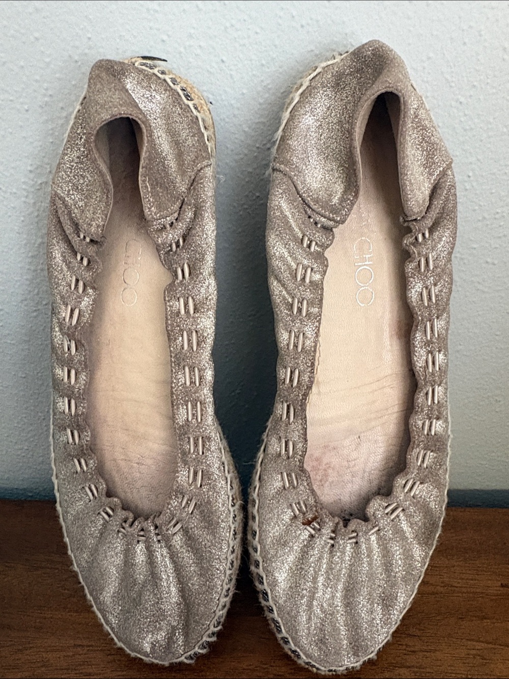 Jimmy Choo Metallic Taupe Espadrille Flats